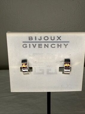 Givenchy Bijoux Silver Tone Amber Crystal Huggie Hoop Earrings Signed